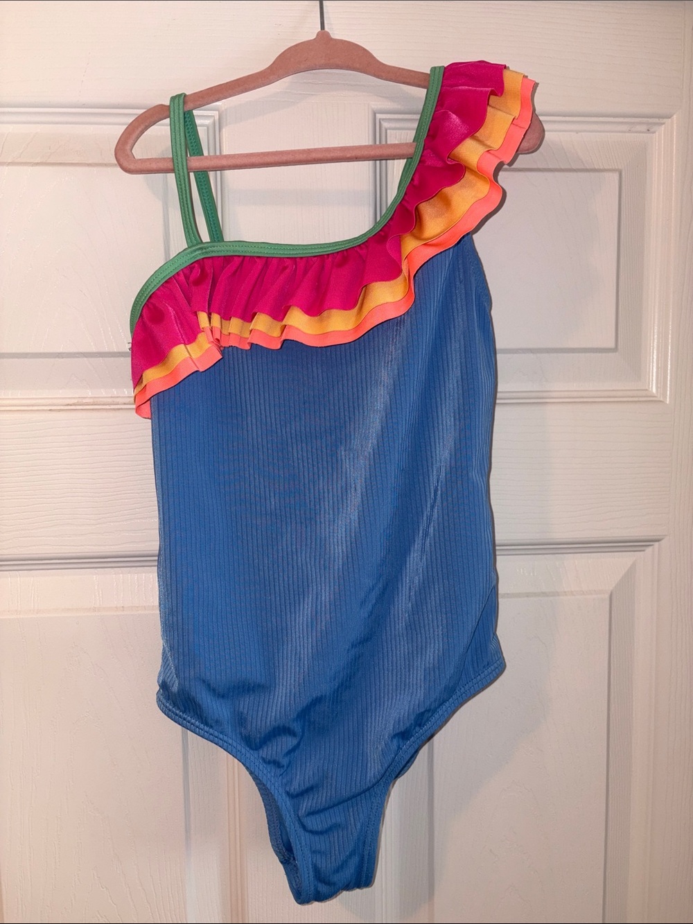 wonder nation Blue One-Shoulder Swimsuit with Pink, Yellow & Green Trim